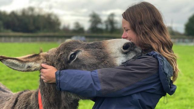 Janneke Merkx with one of the donkeys at the Donkey Sanctuary